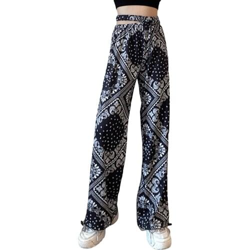 Women’s Summer Straight Casual Trousers Fashion Printing Hollow High-waist Elastic Feet Long Pants