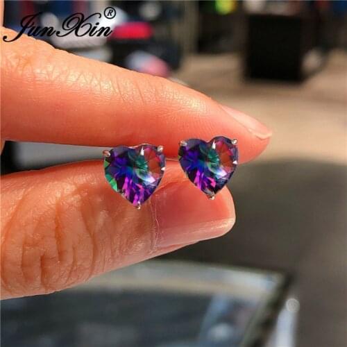 Mystic Rainbow Crystal Love Heart Earrings For Women Silver Color Blue Green Stone Wedding Stud Earrings Valentine Jewelry