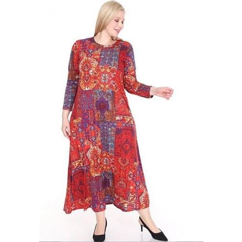 Hanezza Plus Size Women Fashion 2021 Summer Clothing Print Ankle-Lenght Long Sleeve Elegant Viscose Dress + 2XL - 6XL + Large Size O-Neck Collar Pocketless Chic Tops + 42 - 52 EU Casual Wear Female Plus Body Type Red