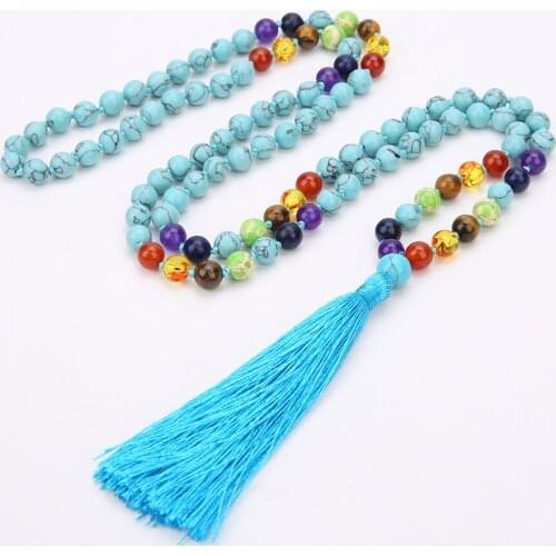 108 Beaded Hand Knotted Necklace Japa Mala Meditation Yoga Prayer Jewelry 7 Chakra Rosary Energy Long Tassel Pendant
