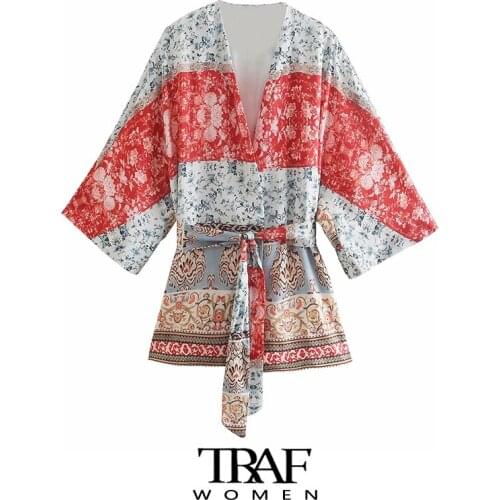 TRAF Za Women Fashion With Belt Pahtchwork Printed Kimono Blouses Vintage Three Qulater Sleeve Female Shirts Chic Tops