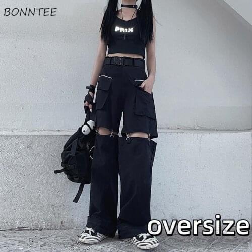 Black Pants Women New Ins Casual Cargo Loose Summer Thin Removable BF Oversize Streetwear Zippers High Waist Korean Style Ladies