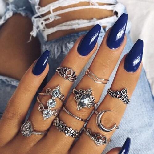 FAMSHIN 10Pcs/Set Bohemia Vintage Ethnic Style Lotus Moon Ancient Silver Color Ring Set Women Midi Finger Knuckle Ring Jewelry