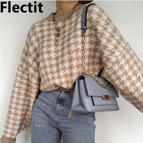 Flectit Houndstooth Jumper Cozy Print Crew Neck Drop Shoulder Pullover Sweater Knit Top Fall Winter Women Chic Outfit