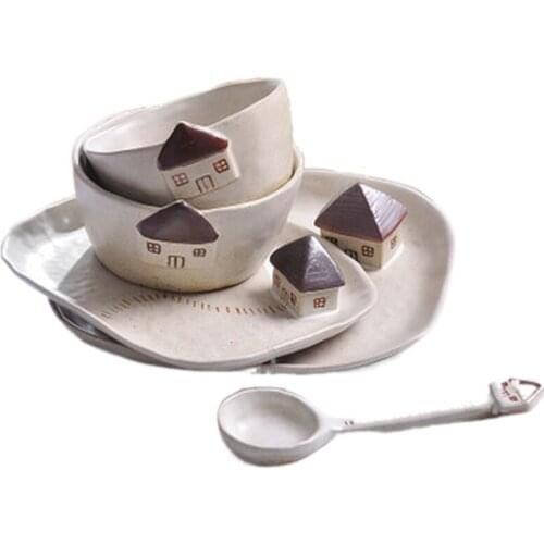 Multi-foot Creative Handmade Stoneware Features Greenhouse Ceramic Plate Bowl Spoon Set Family Hotel Kitchen Salad Fruit Dish
