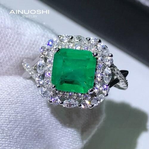 AINUOSHI 925 Sterling Silver Emerald Cut Lad Created Emerald Engagement Rings Gift For Women Twist Shank Halo Rings