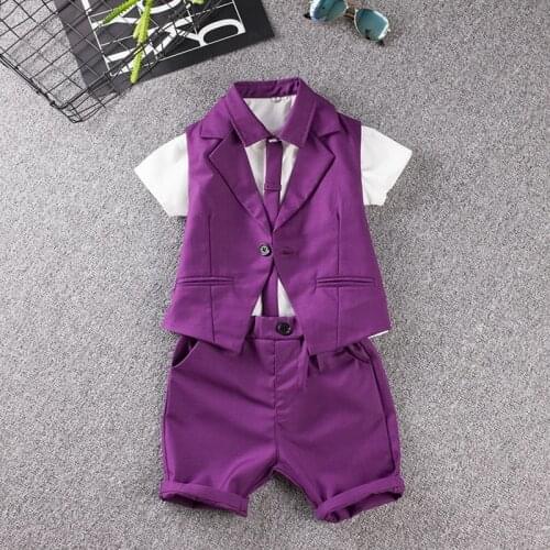 Summer Short Child Prom Sets Purple Wedding Flower Boy Dresses Fashion Show Kids Clothing Set Vest Shirt Shorts 3Pcs Suit,H114
