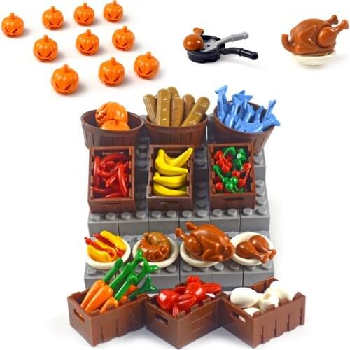 DIY Building Blocks Food Chicken Pumpkin Fish Fruit eggs Hot Dog Pot Toy MOC Parts City Accessories Bricks Compatible All Brands