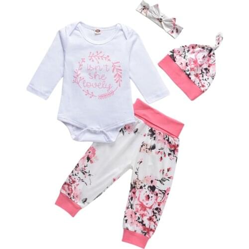 Ma&Baby 0-18M Newborn Infant Baby Girl Clothes Set Letter Long Sleeve Romper + Floral Print Trousers+Hat+Headband Outfits DD88