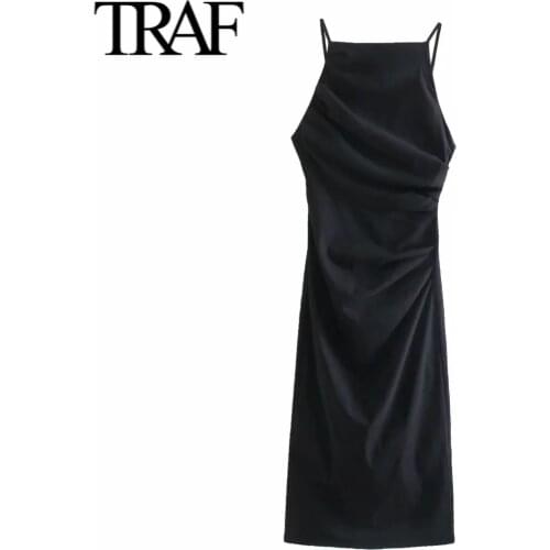 Traf 2021 Summer Women Clothing Black Dress Long Sexy Hip Dress Club Nighting Suspender Pleated Dresses MIDI dress