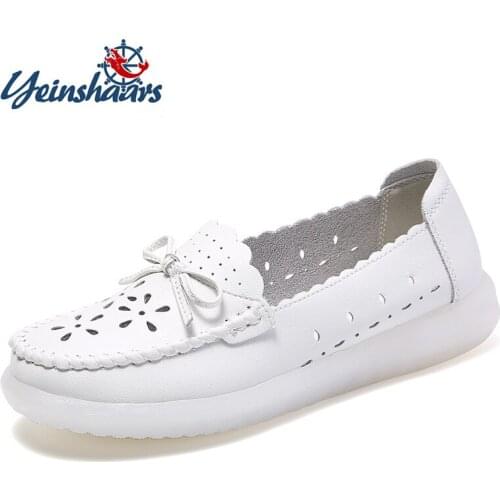 Women Genuine Leather Shoes Casual Slip-on Ballet Women Flats Cut Out Floral Printing Moccasins Nurse Shoes Ladies Shoes White