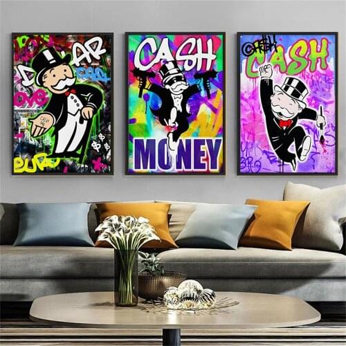Cartoon old man Graffiti Wall Art Canvas Painting Cash Letter Posters and Prints Wall Pictures for Living Room Home Decoration