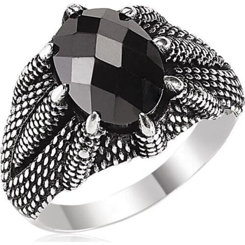 Solid 925 Sterling Silver Black Zircon Stone Claw Mens Ring