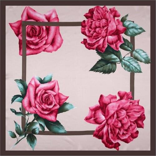 2020 New Fashion Brand Square Scarf For Ladies Rose Flower Print Silk Scarf Women Bandana Large Hijab Female Shawl Scarves Warps
