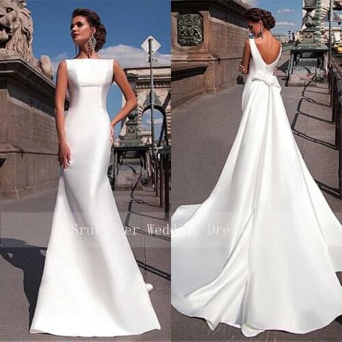 Charming Satin Bateau Neckline Mermaid Wedding Dresses With Detachable Train Custom Made Bridal Gowns Cheap
