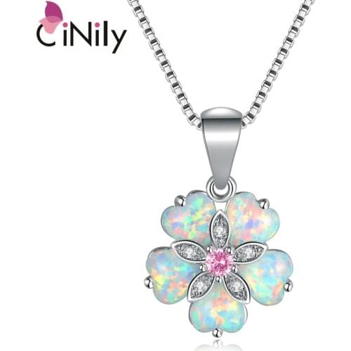 CiNdy White Fire Opal Pink Stone Necklace Flower Silver Plated Chain Zircon Pendant Charm Summer Jewelry Female Gift