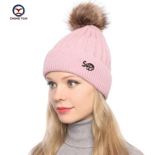 CHINGYUN New Autumn Winter Womens Big Wool Ball Knitted Hat Fashion Label Letter Plus Velvet Thick Solid Color Warm Student Hat