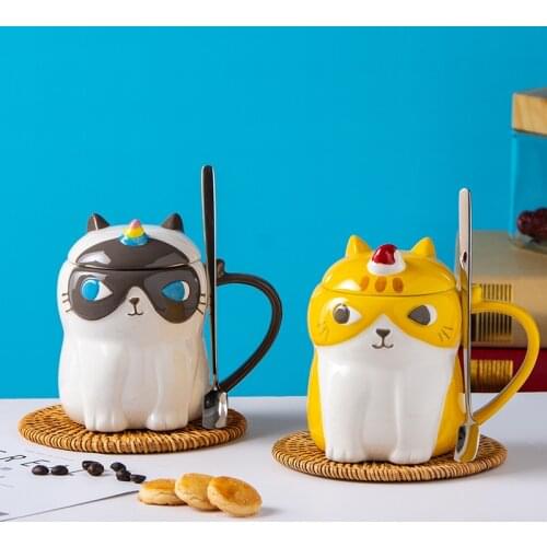 Cute Handpainted 3D Cat Mugs Underglaze Ceramic Cups With Cover Spoon Animal Water Mug Cup Creative Gifts For Couple Kitty Lover