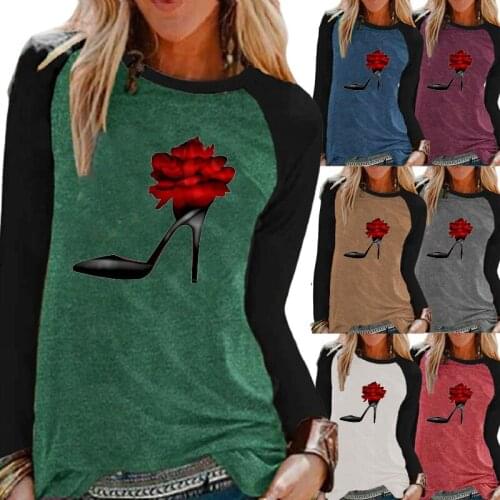 New Arrival Women Autumn Fashion Casual Long Sleeved Shirt Clothing Ladies Round Neck Loose Print Color Block T-shirt Plus Size