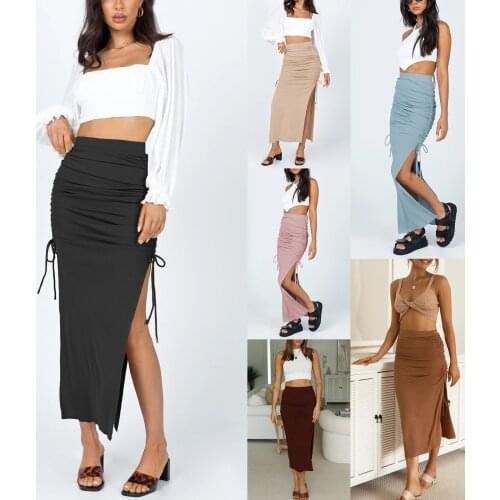 Summer Female Package Hip Skirt Solid Color High Waist Split Skirt with Drawstring for Women Multicolors S/M/L/XL