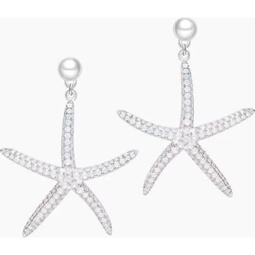 SLJELY New High Quality 925 Sterling Silver Starfish Earrings Full Micro Cubic Zirconia Stones for Women Seaside Holiday Jewelry