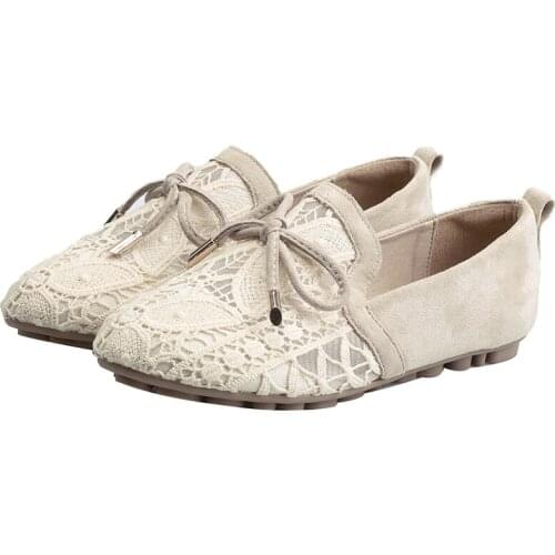 Plus Size 42 New Style Woman Embroidery Lace Mesh Hollow Loafers Casual Bow Flats Fisherman Maternity Shoes Slip On Moccasin