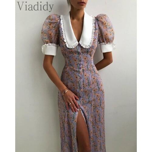 Women Deep V-Neck Short Sleeve Slim Midi Dress Puff Sleeved Single-Breasted High Slit Asymmetry Chiffon Dress