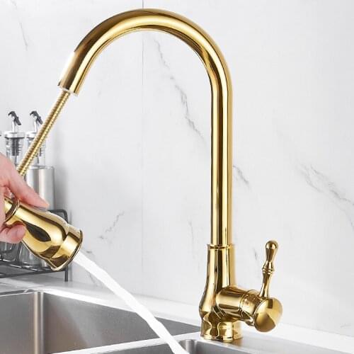 Gold Kitchen Sink Faucets Hot & Cold Solid Brass 360 Degree Rotating Mixer Tap Pull Out Spray Nozzle Single Handle Deck Mounted