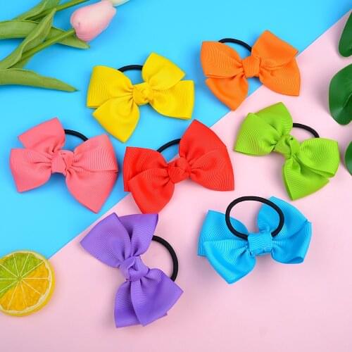 1Piece Solid Grosgrain Ribbon Elastic Hair Bows Boutique For Girls Handmade Bowknot Kids Hair Accessories