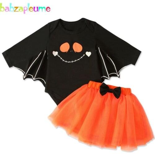 2Piece Infant Girl Clothes Black Long Sleeve Cartoon Print Cute Baby Halloween Outfit Bodysuit+Lace Skirt Kids Clothing Set 1948