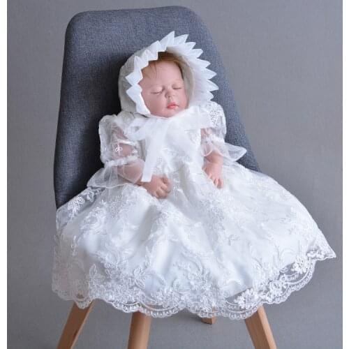 Long White Baby Girls Dresses Baptism Baby Girl 1 Year Birthday 2pcs Baptism Clothes Christening Gown RBF184016