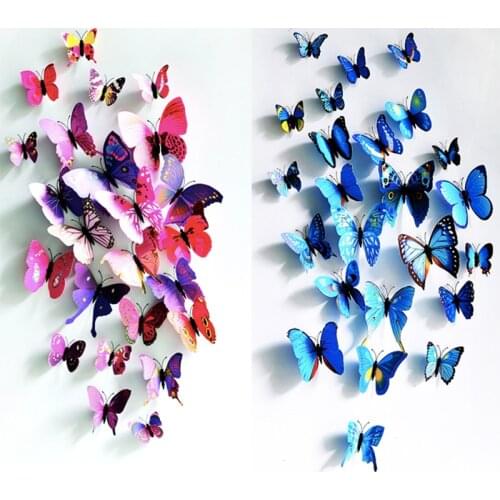 24Pcs Blue Purple Pattern 3D Butterfly Stickers Magnet Fridge Magnet Wall Decal Kids Baby Rooms Home DIY Decorations With Glue