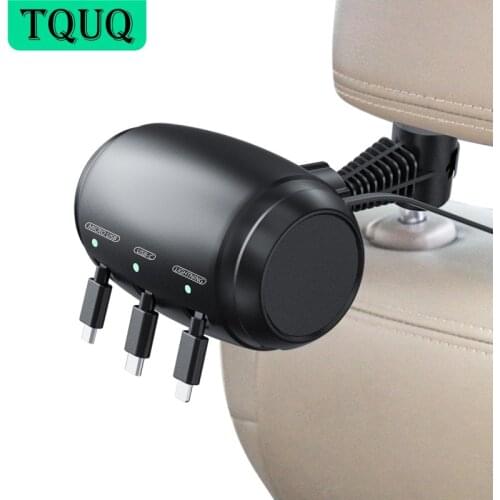 TQUQ Multi Car Headrest Backseat Retractable Cord 3 in 1 Power Charging Station Car Charger USB For iPhone Xiaomi Huawei