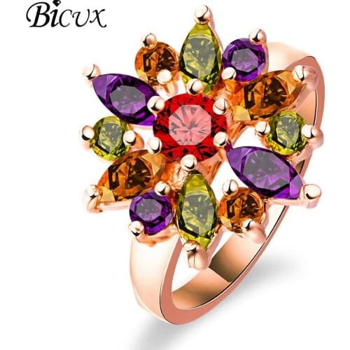 BICUX Charm Ethnic Colorful Geometric Cubic Zirconia Rings for Women Girl Anniversary Fashion Crystal Flower Gold Ring Jewelry