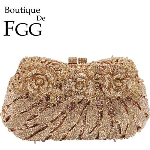 Boutique De FGG Elegant Women Champagne Crystal Clutch Evening Bags Flower Purses Bridal Wedding Rhinestone Handbag