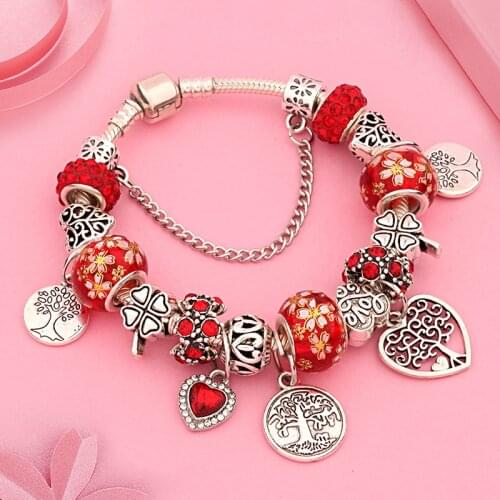 Dropshipping NEW Red Leaf Flower Handmade Charm Bracelet with Heart Vintage DIY Plant Bead Bracelet Jewelry for Women