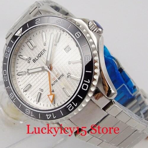 BLIGER Luxury 41mm Mens Watch Stainlesss Steel Wristwatch Hot Type Sapphire Glass GMT Date Hand
