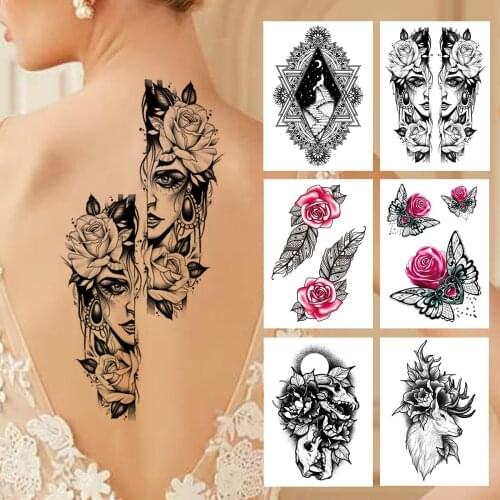 Black Sexy Lady Temporary Tattoo For Women Girls Adult Feather Lace Butterfly Flower Tattoos Sticker Fake Deer Dinosaur Tatoos