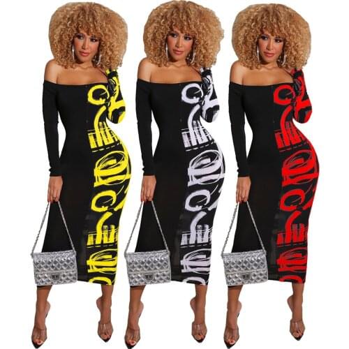 Black Fashion Sexy Print Split Joint Bateau Neck Printed Dress