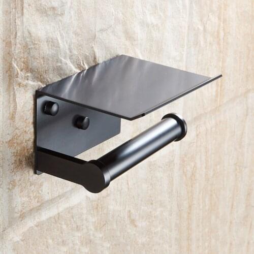 Toilet Paper Holder with Shelf Wall Mounted Mobile Phone Paper Towel Holder Decorative Bathroom Roll Paper Holder Black