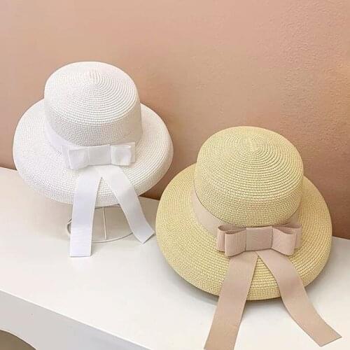 French Elegant Straw Hat Women Summer New Bow Tie Strap Flat Top Fashion Bucket Visors Hat Vacation Beach Chapeu Feminino Cap