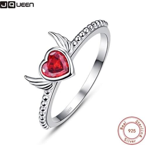 JQUEEN New Arrival Lovely Wings Heart Shaped Silver Color Rings Red Color Crystal Ring Women Bague Femme Jewelry