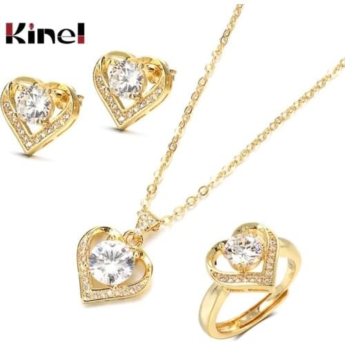 Kinel 18K Gold Zircon Jewelry Set Promise Ring Stud Earring Necklace Sterling Silver Christmas Valentines Day Gift for Women