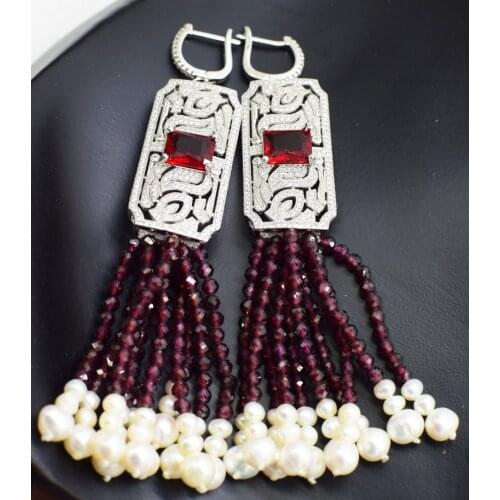 Freshwater pearl white and red garnet 3mm round faceted earrings + red zircon hook FPPJ wholesale beads nature