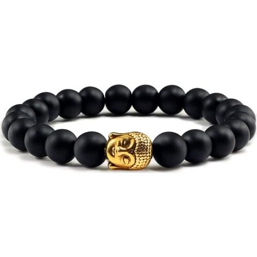 Healing Gold Buddha Head Prayer Volcanic Lava Natural Stone Strand Bead Bracelet For Men Black Beaded Yoga Women armband Jewelry