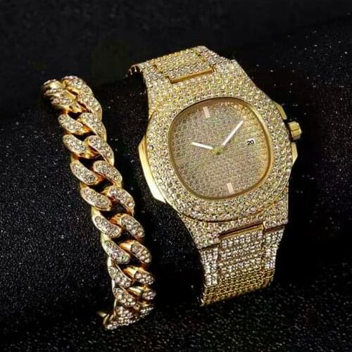 Iced Out Cuban Chain Bracelet Watch for Men Iced Out Watch Jewelry for Men Hip Hop Gold Charm Bracelet Mens Watch Set Bangles