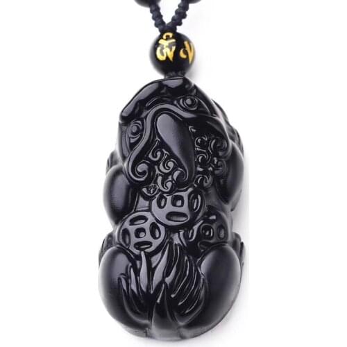 Natural Black obsidian carving ancient god beast pixiu Guardian Necklace Fashion Jewelry pendant Supernatural Amulet Knot Lucky