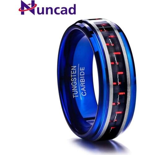 Nuncad T121R Full size 7-12 vintage men Rings inlaid red carbon fiber blue tungsten carbide ring 8MM Anillos