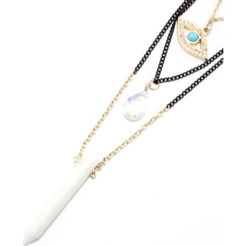 New Trendy Design Black PU Choker Necklace for Girl Multi Layer Black Gold Mixed Chain Eye with Long White Bullet Stone Pendant