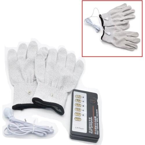 Electric Shock Fiber Therapy Massage Gloves Sex Conductive Fiber Electrode Gloves Breast Body Electric Stimulator Adult Sex Toy